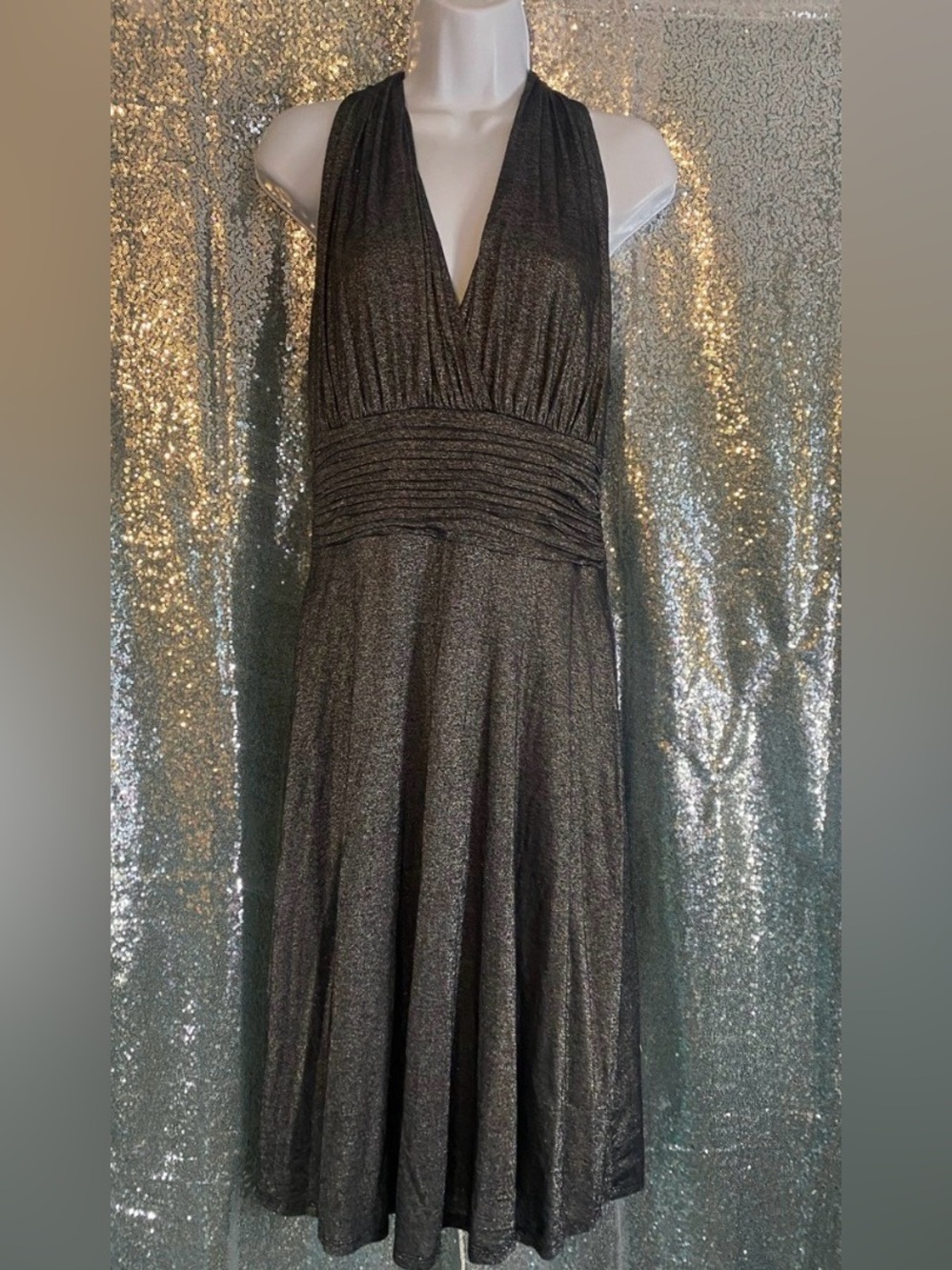 Jones Wear Metallic Halter Dress-Size 12-Sometimes Black needs to shimmer too!